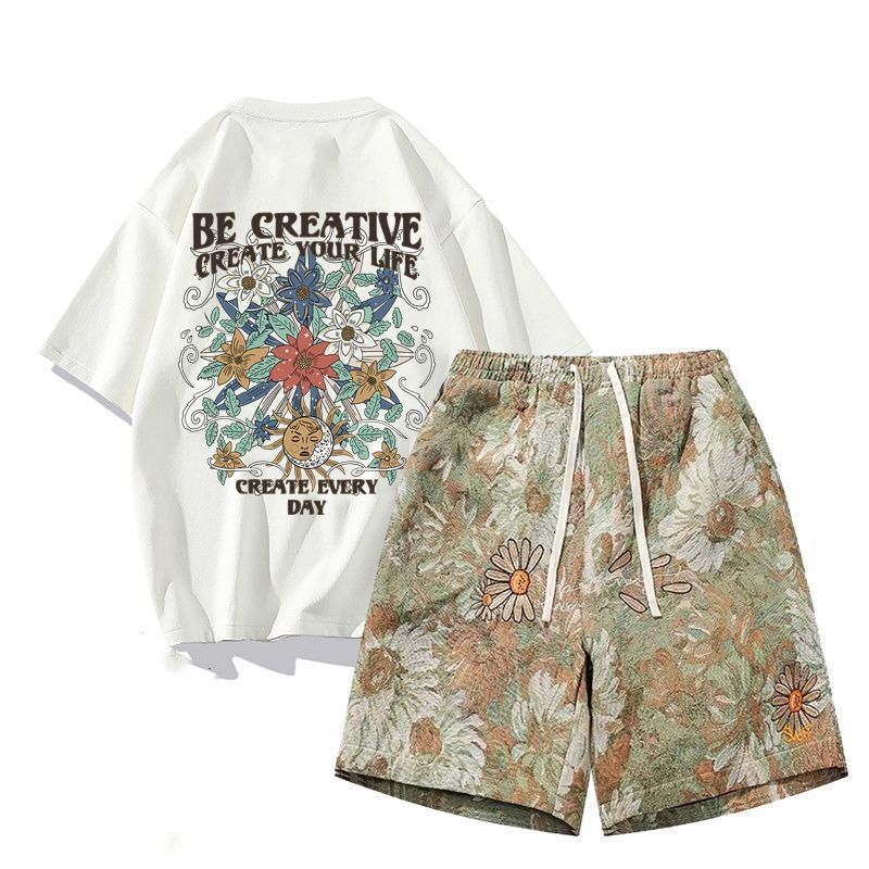 Two-Piece Set Short-Sleeved T-Shirt Men's Summer Suit Five-Quarter Pants Men's Tops Couple Set Sports Trendy Brand