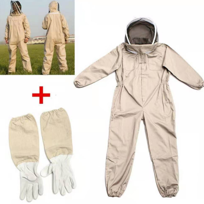 养蜂加厚连体防蜂服防蜂衣 杏色太空衣蜜蜂防蛰服加厚款 羊皮手套