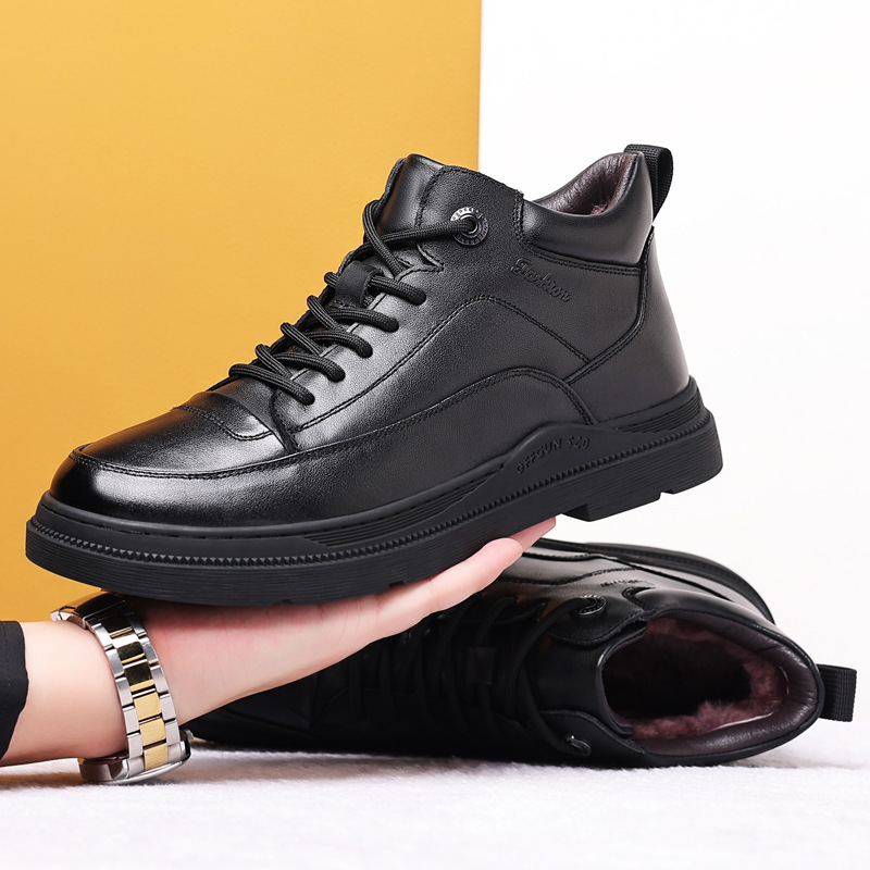 Invierno primera capa de piel de vaca de lana zapatos de algodón de los hombres de cuero genuino forrado de lana zapatos de cuero caliente casual de mediana edad papá zapatos de los hombres