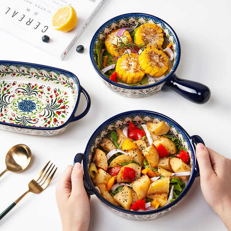 Rectangular plate fruit bowl baking bowl double-ear bowl soup bowl household ceramic creative retro tableware salad bowl Amazon Rectangular plate fruit bowl baking bowl double-ear bowl soup bowl household ceramic creative retro tableware salad bowl Amazon