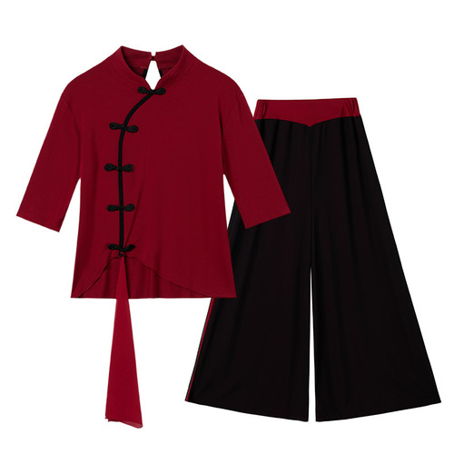 2304 New Square Dance Costume Set Aodai Pipa Medium-Sleeve Dancing Clothes Chiffon Dance Practice Suit