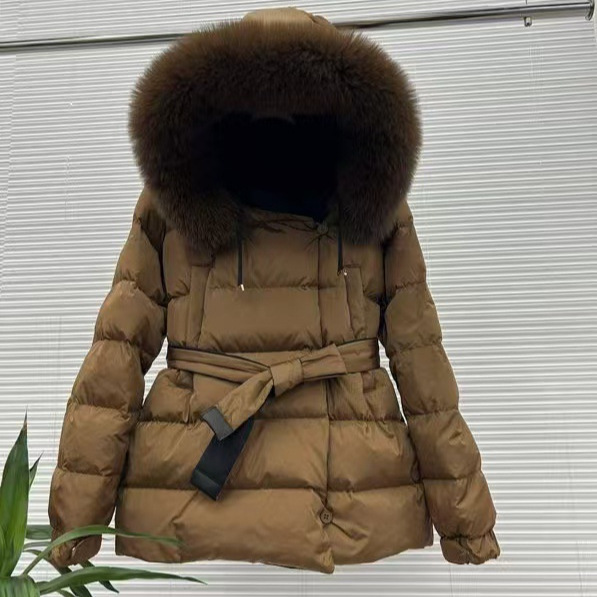 유럽식 여우 대형 모피 칼라 다운 재킷 여성용 짧은 허리 슬림핏 작은 스타일 라이트 럭셔리 화이트 오리 다운 2025 새로운 겨울