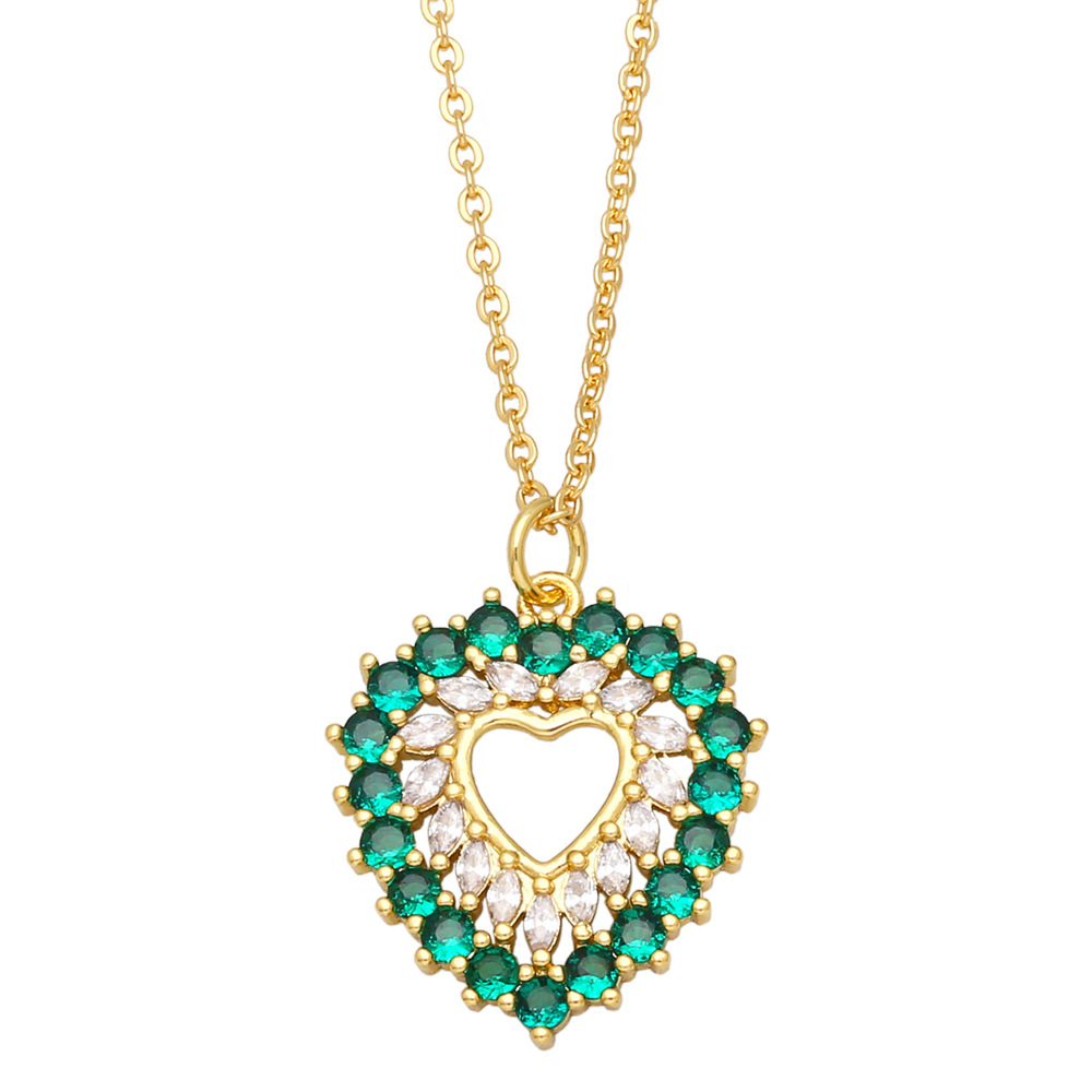 Fashion Emerald Zircon Cross  Moon Heart Pendant Copper Necklace