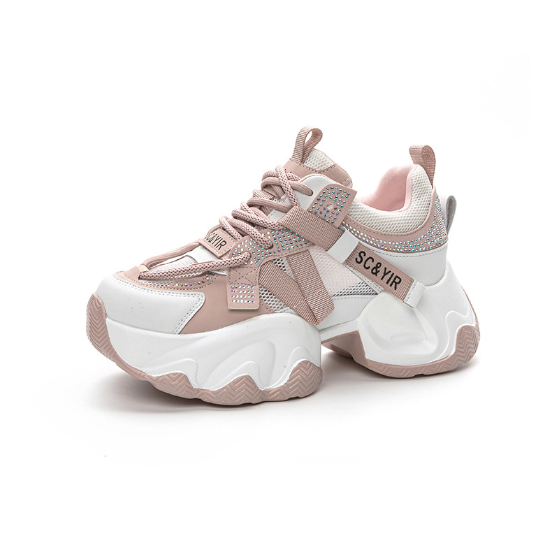 Giày sneaker nữ chunky đế dày tăng chiều cao 8cm buộc dây thời trang — M2566 màu be, M2566 màu hồng