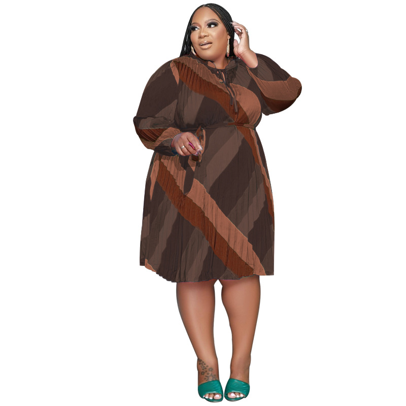 Neue Streifen mit Gürtel Mode lose Damenkleider in Übergröße_voghion.com