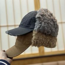 新款做旧显脸小护耳棒球帽子女毛绒保暖雷锋帽男潮骑车防风鸭舌帽