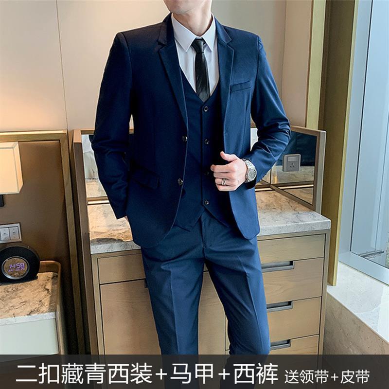 Traje azul marino de dos botones + chaleco + Pantalón de traje con cinturón de corbata