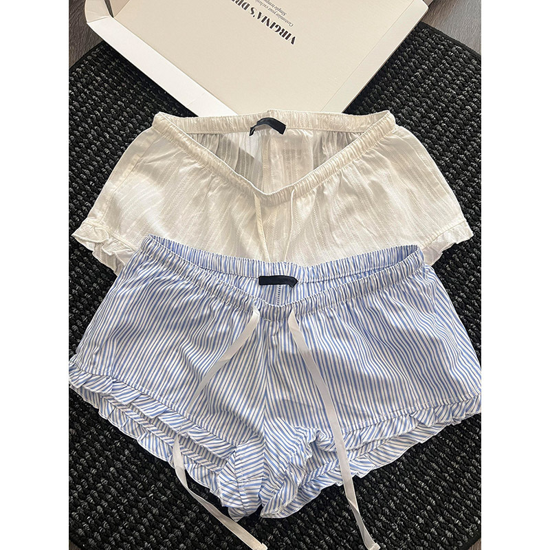 Korean-style color-blocked striped ruffle drawstring pajama pants for women, summer versatile casual sports shorts suitable for home wear and outdoor use Korean-style color-blocked striped ruffle drawstring pajama pants for women, summer versatile casual sports shorts suitable for home wear and outdoor use