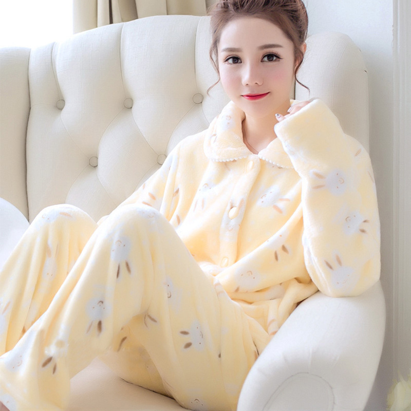 Coral Velvet Pajamas Women's Autumn and Winter Velvet Thickened Sweet Cardigan Flannel New Home Clothes Live Explosions