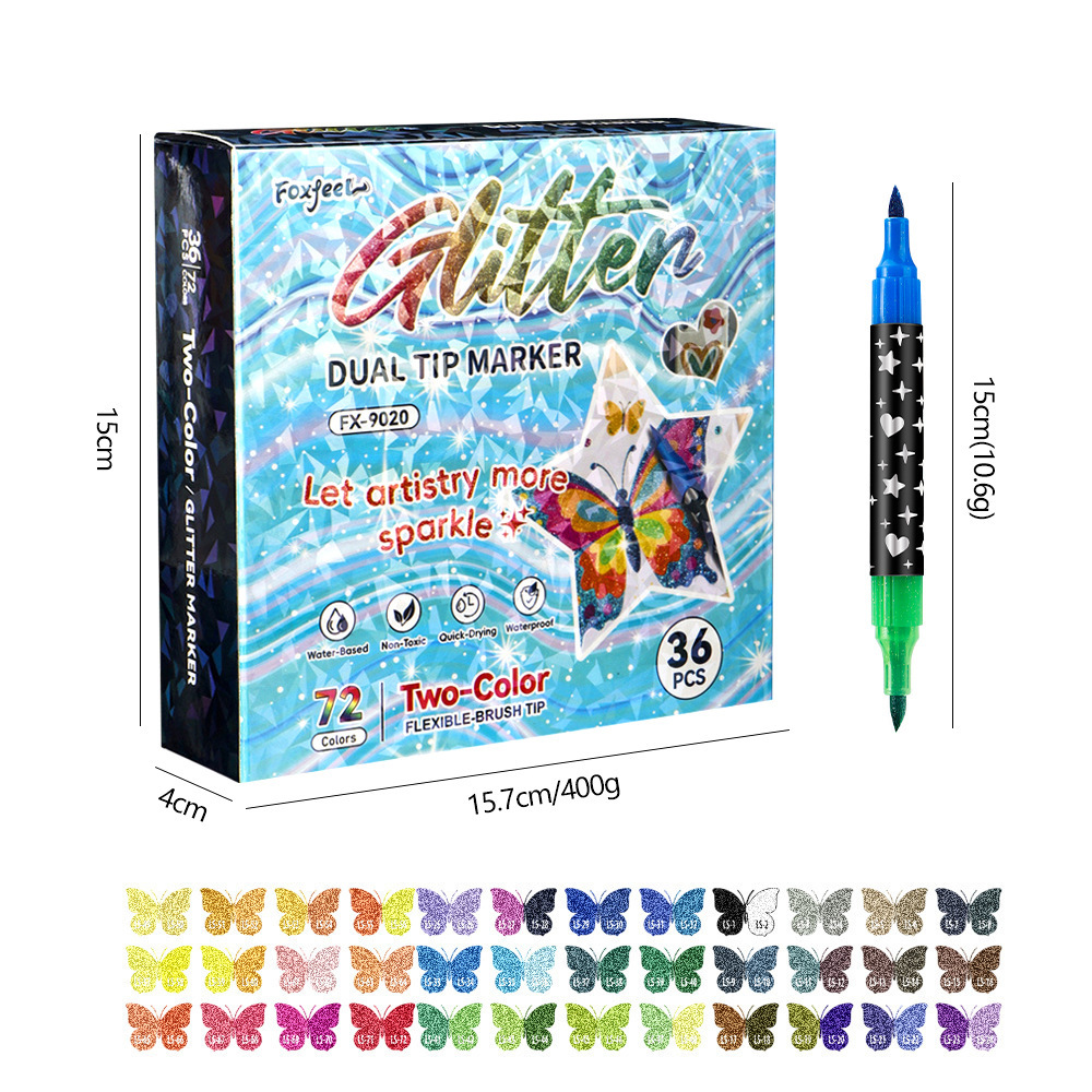 Bolígrafo de doble color de doble cabeza de explosión transfronteriza conjunto de bolígrafo de marca de cabeza suave para pintura con polvo de brillo de perlas