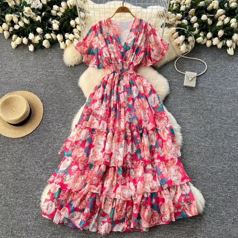 Floral Maxi Dress – High Waist Chiffon A-Line Dress With Ruffled Sleeves (One Size, V-Neck, Elegant Occasion Wear)_ecoleips.com
