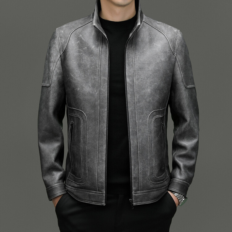 Haining Leather Men's Genuine Leather First Layer Sheepskin Fashion Casual Young And Middle-aged Stand Collar High-End Men's Jacket