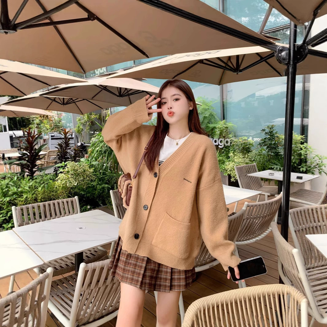 Корейский стиль высококачественный вязаный кардиган для женщин 2025 осень-зима новые топы вышитый ленивый стиль свободный свитер-жакет для женщин