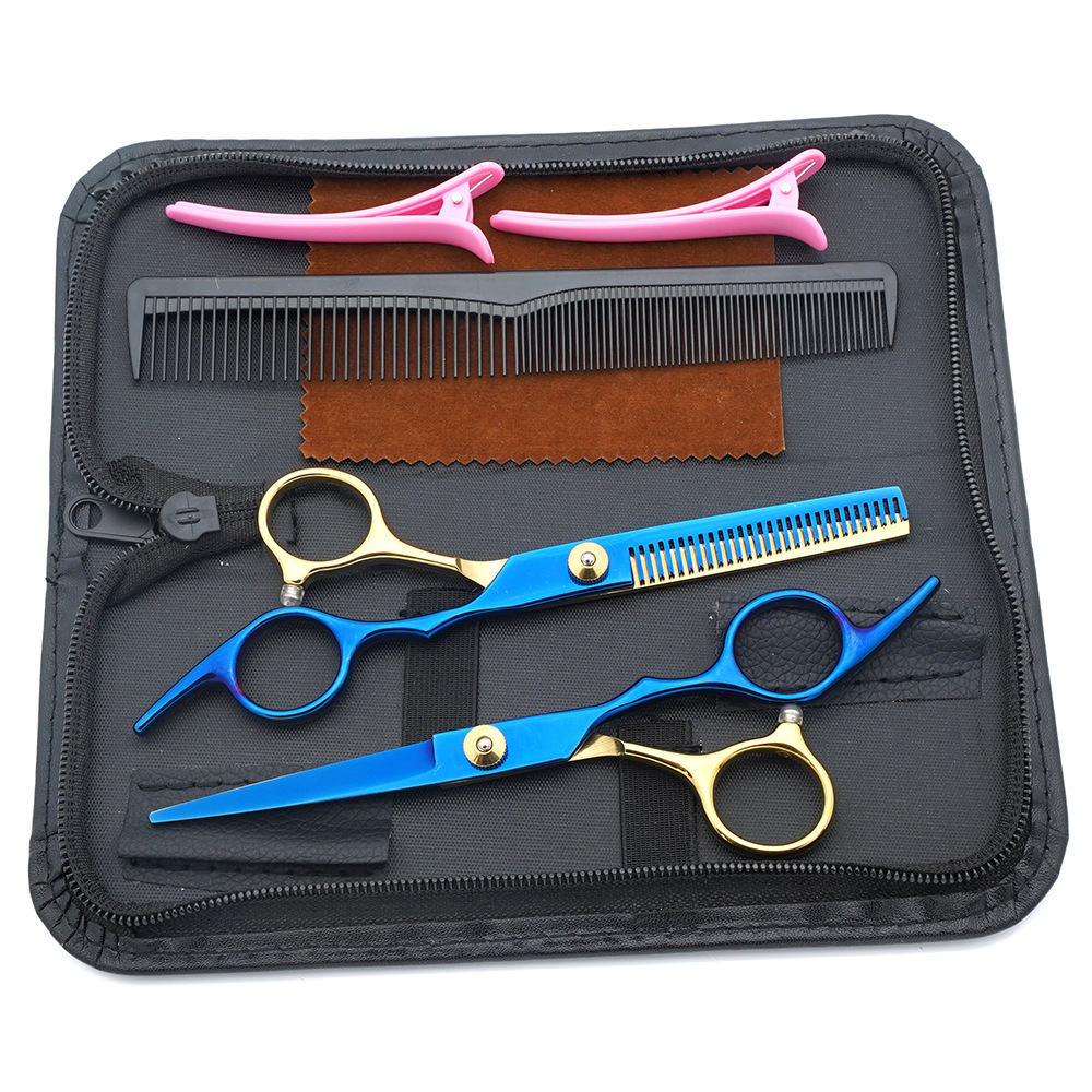 Tijeras de peluquería de 6 pulgadas, negras y doradas, con mango inclinado y de alta calidad, juego de tijeras de peluquería al por mayor para cortar el cabello.