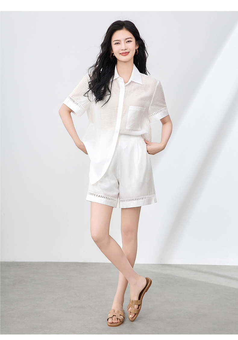 Áo sơ mi khoác pha vải lanh Tencel tay dài + quần short rộng thùng thình bộ hai mảnh mùa hè — Màu trắng chi tiết 13