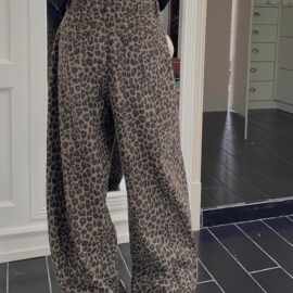 大码胖妹妹复古豹纹高腰阔腿牛仔裤女辣妹百搭直筒裤休闲拖地长裤