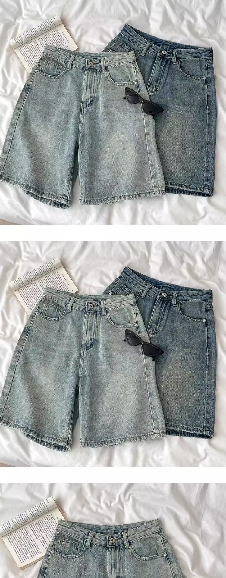 Vintage Washed High Waist Wide Leg Denim Shorts For Women – Retro Blue & Classic Blue – Plus Size S-5xl – Comfortable Cotton Mid-Length Capris_ecoleips.com