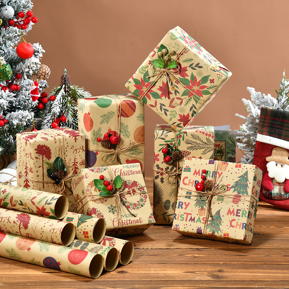 Amazon cross-border navidad dibujos animados impresión de papel kraft bricolaje embalaje de regalo regalo de vacaciones papel de embalaje al por mayor