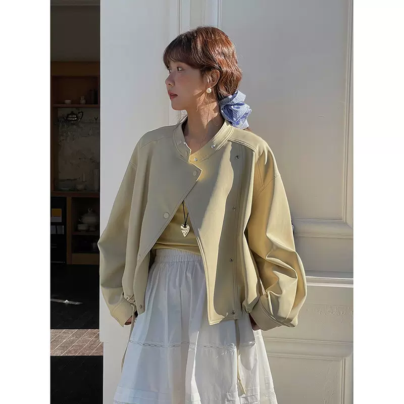 【歌铭】韩系通勤立领皮衣夹克女秋季新款复古机车服短外套W733B