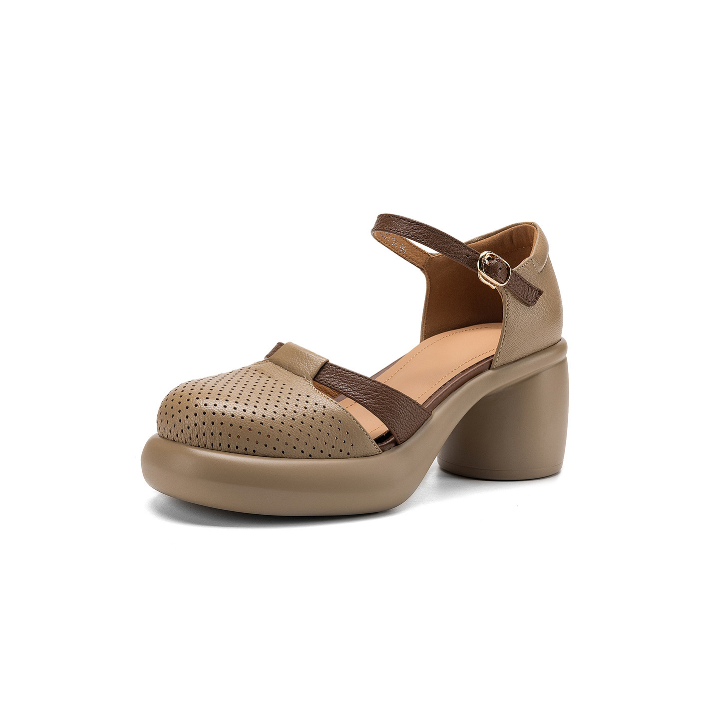 Sandal nữ da cừu mũi trùm đục lỗ quai ngang khóa một chữ gót thô 7.5 cm — màu trắng ngà
