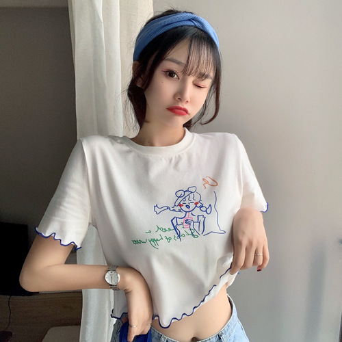 Doodle Short Sleeve T-Shirt for Women 2025 Summer New Slimming Short Length High-Waist Wavy Edge Hot Girl Revealing Top Trendy