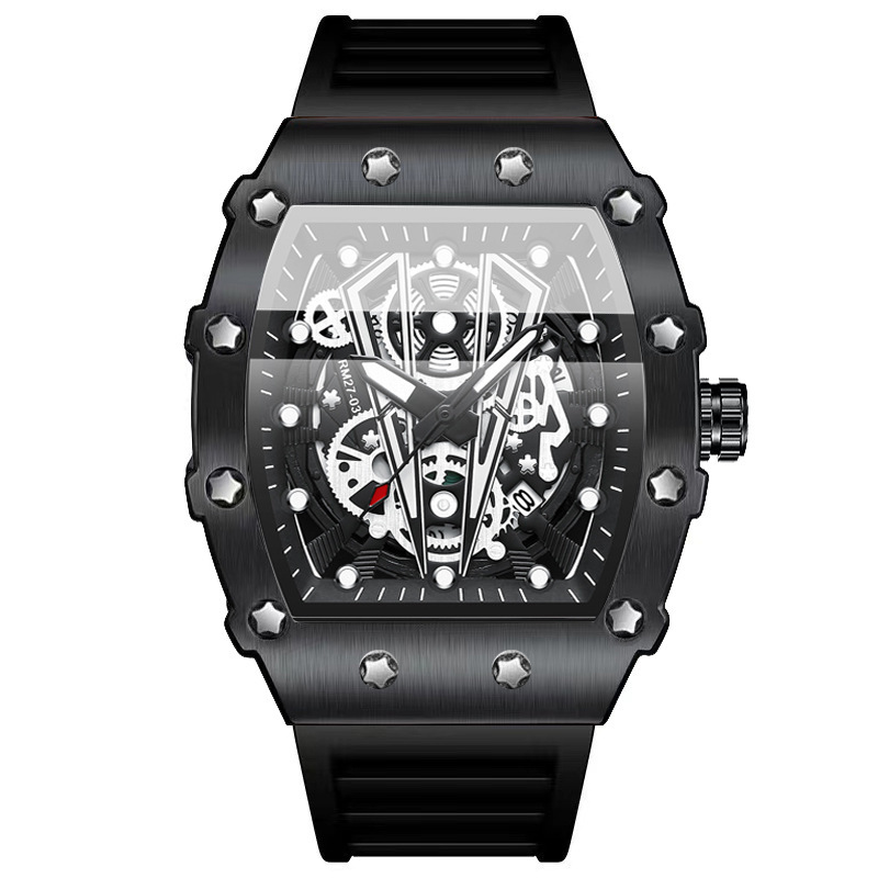 Reloj de Cuarzo Deportivo Tipo Tonel para Hombre de Silicona y Metal Diseño Calado, Impermeable 30m, Luminoso para Uso Deportivo y Casual