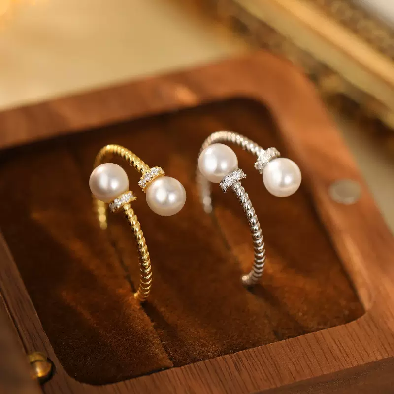 榕树下S925银轻奢交错麻花珍珠戒指女高级感时尚开口可调节食指戒