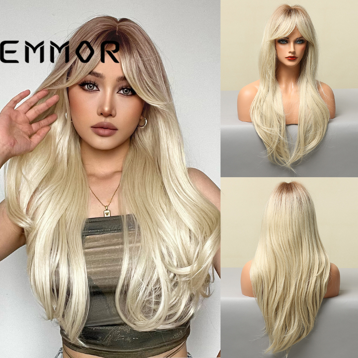 Comercio exterior transfronterizo gradiente de Venta caliente oro blanco de ocho caracteres Bangs pelo cola rizado Pelo Largo europeo y americano peluca fibra química sombrero