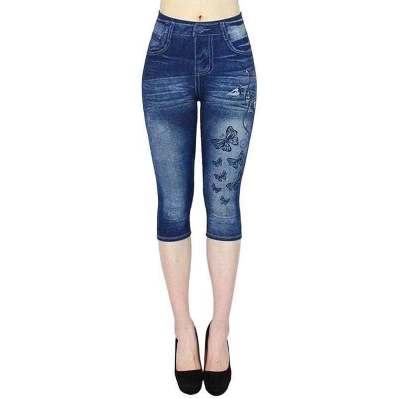 Wish cross-border e-commerce explosions imitation denim leggings women's cropped pants cross-border hot printing high waist women's pants