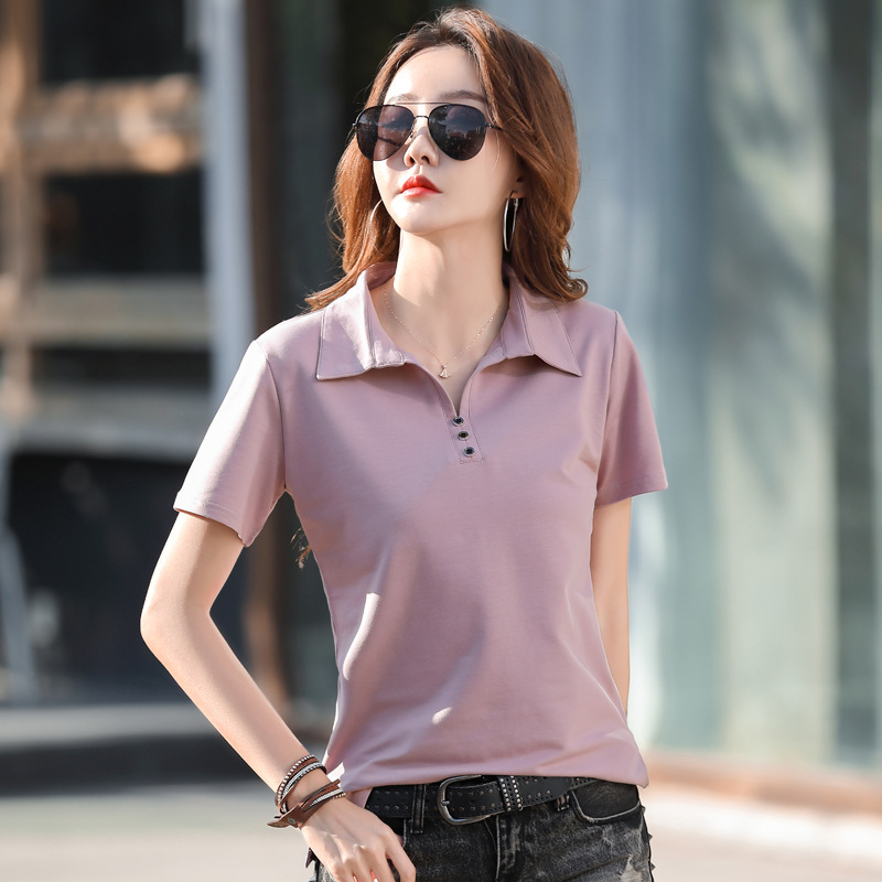 2022 Summer New Lapel Button Audell 95 Cotton Short-sleeved T-shirt Women's Top AliExpress Cross-border Supply 2022 Summer New Lapel Button Audell 95 Cotton Short-sleeved T-shirt Women's Top AliExpress Cross-border Supply