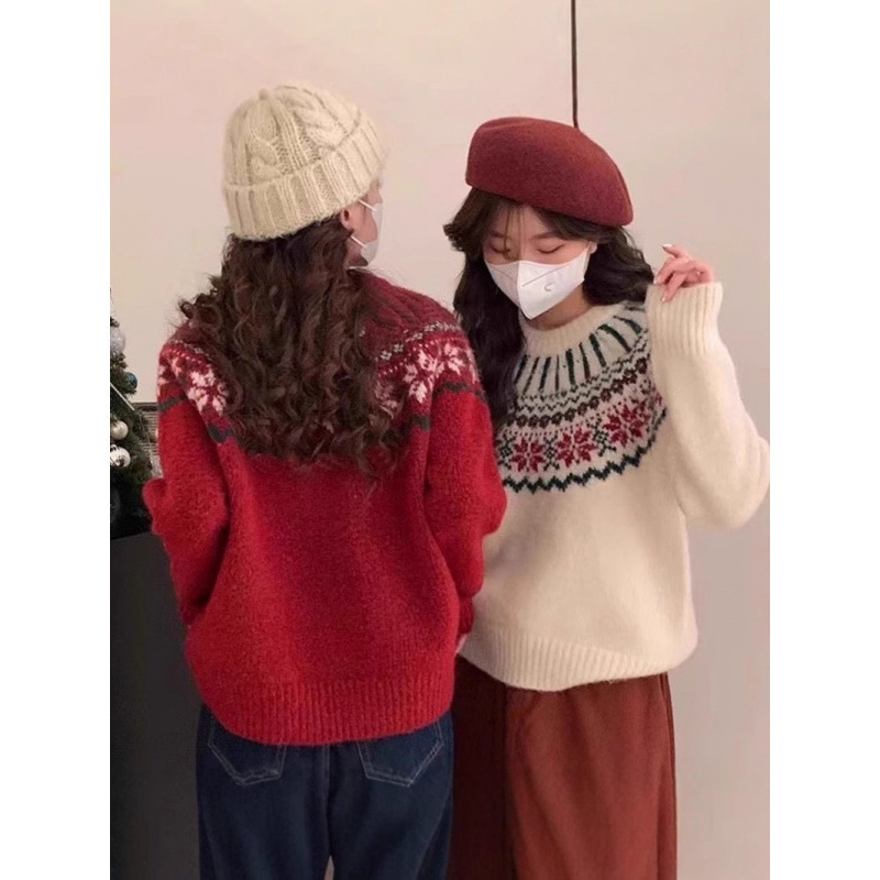 Kaning Retro Jacquard Christmas Red Fair Isle Knitwear Women's Pullover Autumn and Winter Thick Lazy Soft Waxy Knitwear