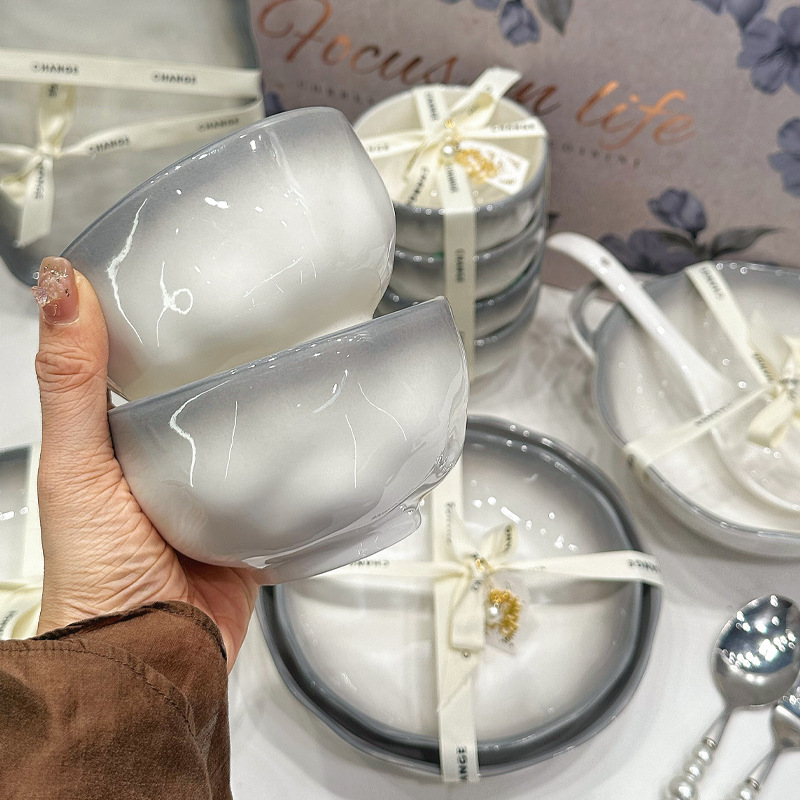 Advanced Sense Gradient Grey Dishes Household suit Underglaze Ceramic Tableware Dishes and Dishes Full Set Housewarming Gift Box Tableware Advanced Sense Gradient Grey Dishes Household suit Underglaze Ceramic Tableware Dishes and Dishes Full Set Housewarming Gift Box Tableware