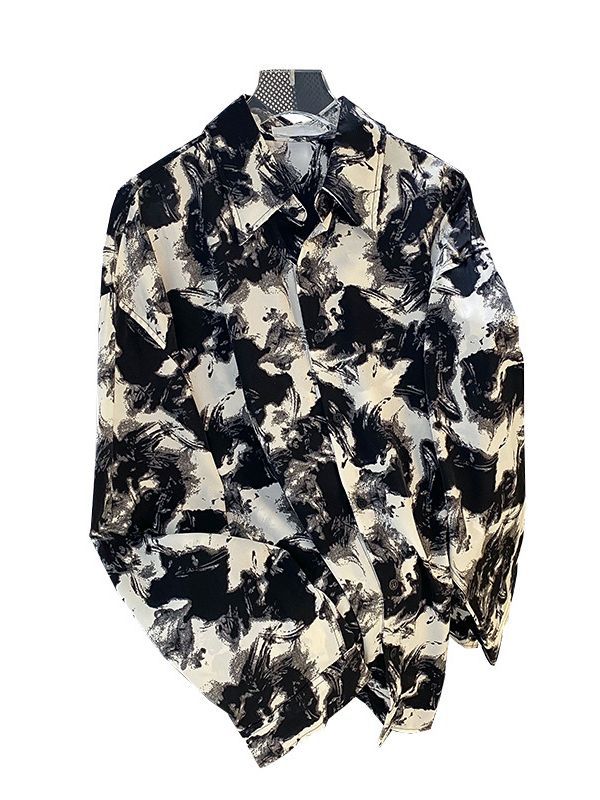 Camisa de verano para hombre de manga larga delgada drapeado camisa de protección solar sin planchar volantes guapo camisa impresa de pintura de tinta de alto grado