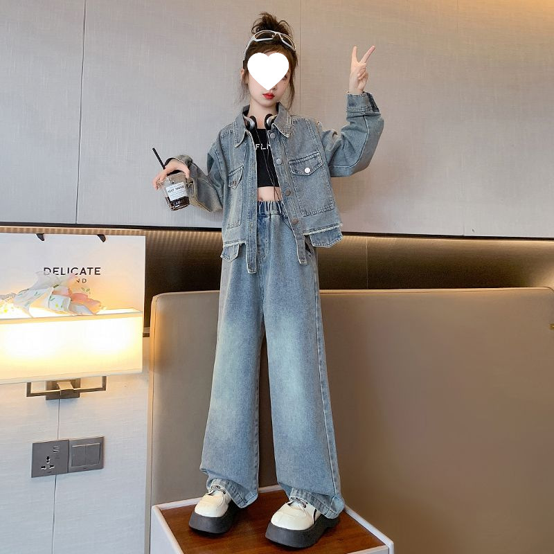 Girls' Stylish Wide-Leg Korean-Style Outfit, Trendy Children's Denim Pants for Spring and Autumn, Fashionable Loose-Fitting Fall Wear for Girls