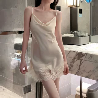 【天生优雅】四季新款带胸垫蕾丝吊带睡裙冰丝纯欲性感睡衣女花边