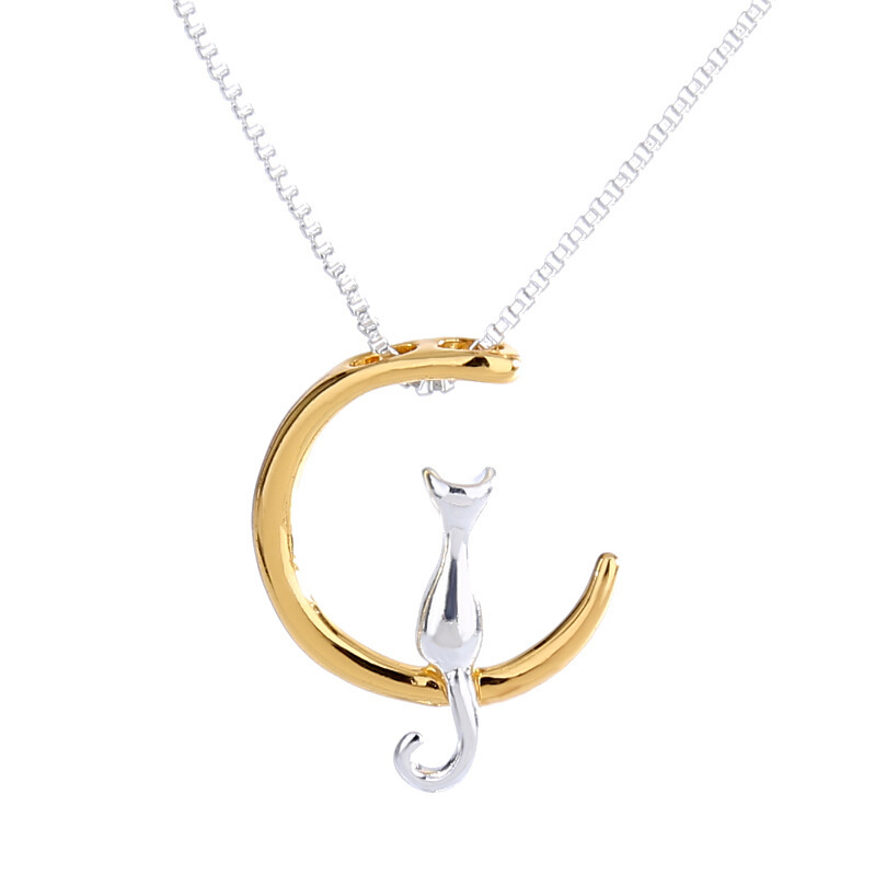 Nuova versione coreana minimalista e alla moda versatile collana in argento con gatto e luna per uomo e donna con ciondolo a forma di gattino carino_voghion.com