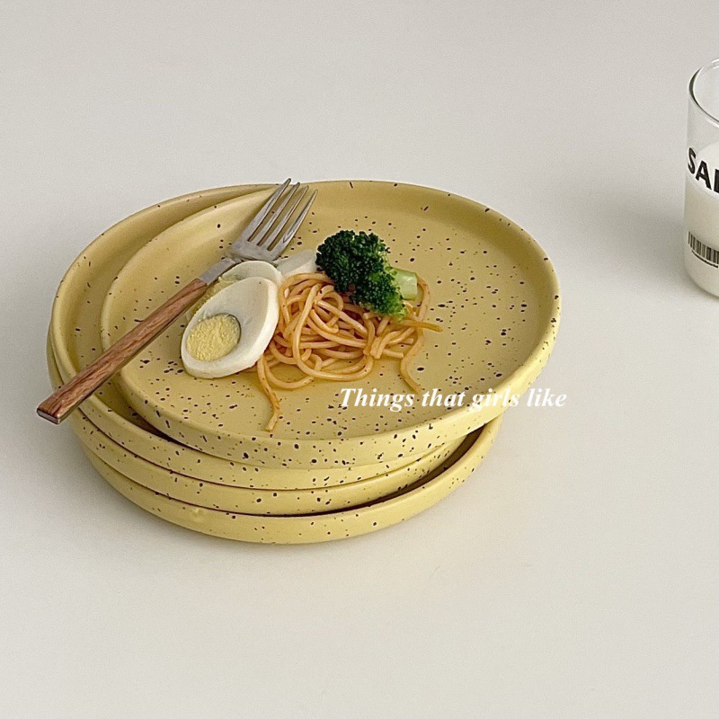 Splashing ink bowl ins Han Feng Feng white sesame Retro yellow ceramics Western dish household plate