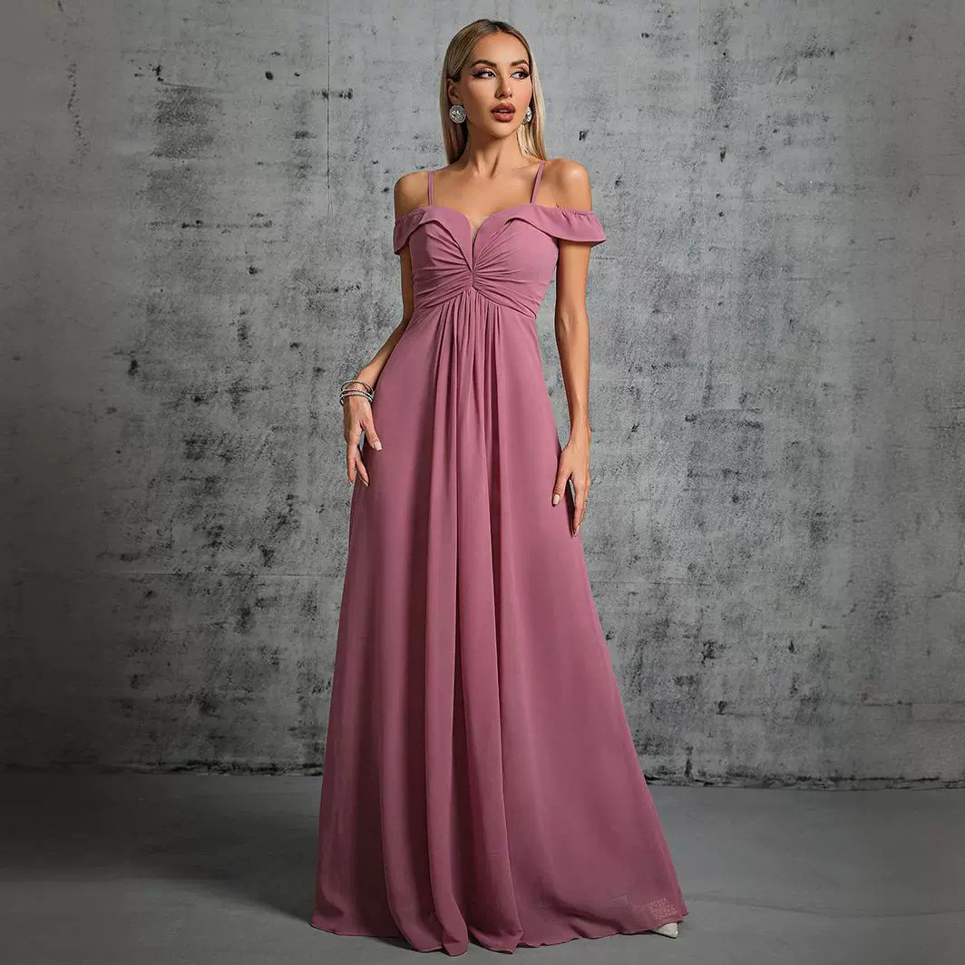 Foreign Trade Evening Dress Suspender Simple Pure Color Long Dress Elegant Off-Shoulder Bridesmaid Dress Bridesmaid Dress Spring