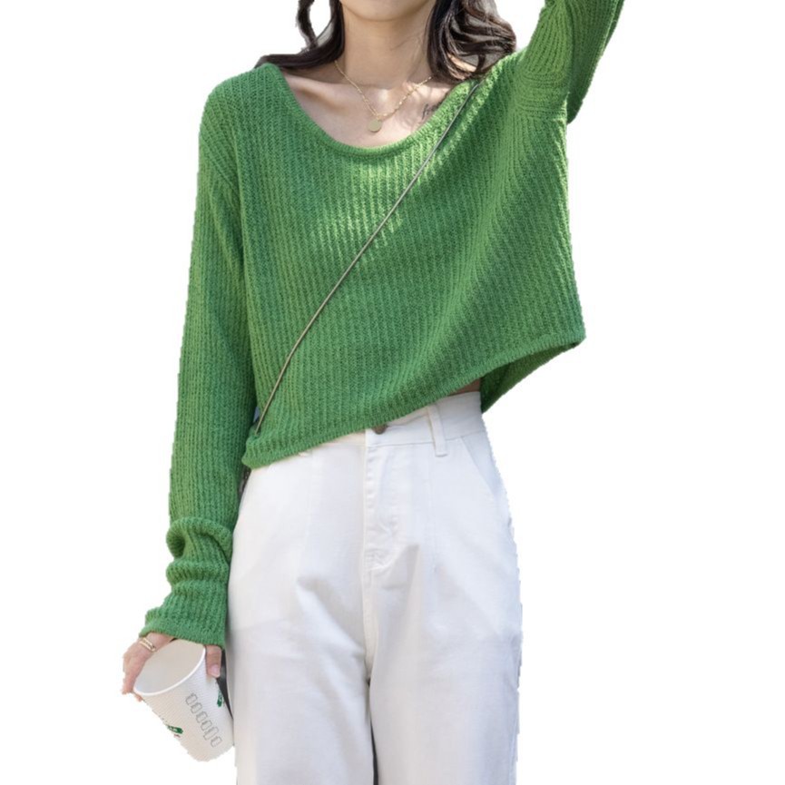 Clavícula corta camiseta de punto para mujeres 2025 primavera nuevo hueco vento perezoso blusa de color sólido camiseta de manga larga suelta image 6