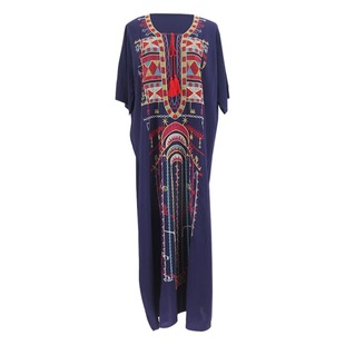 European and American New Arrival Navy Blue Ram Embroidered Sexy V-Neck Robe Beach Blouse Holiday Long Dress Bikini Blouse
