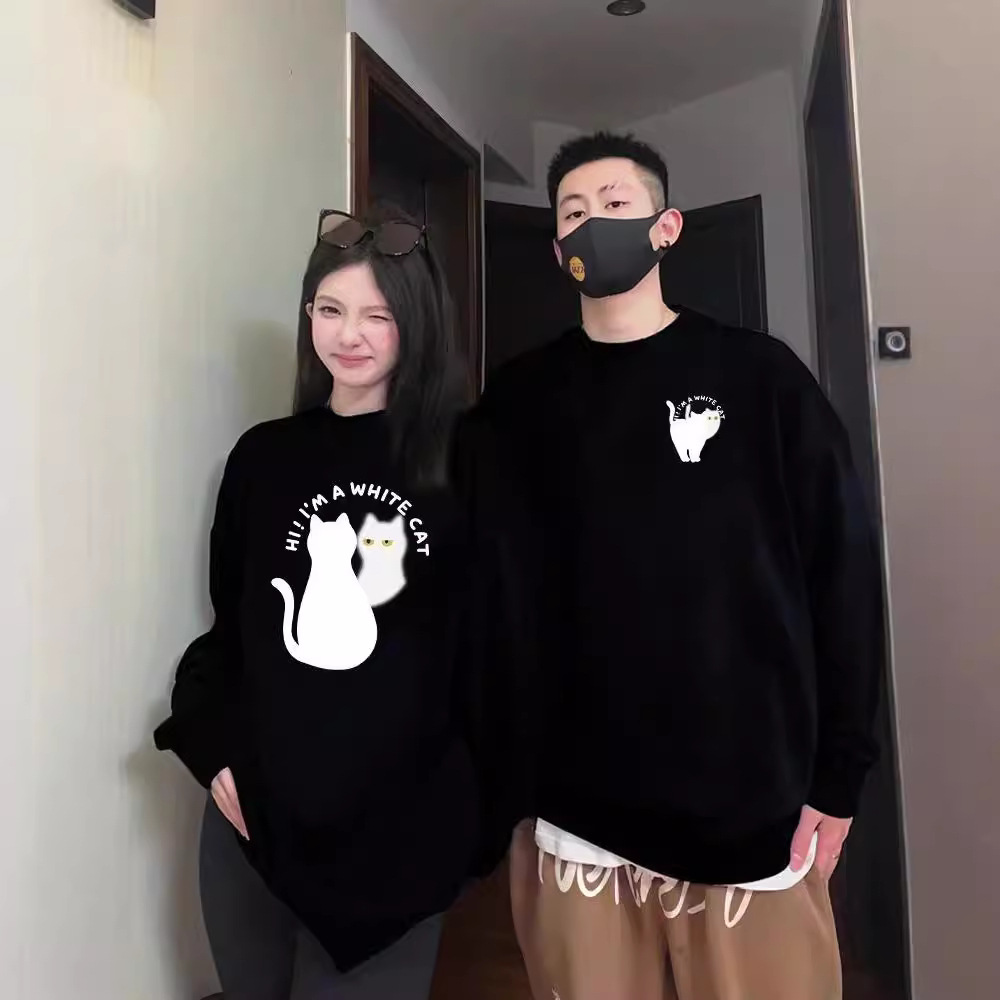 거울 고양이 RAGLAN 소매 둥근 목 커플 2024 가을과 겨울 새로운 패션 브랜드 특별한 다른 외투 착용