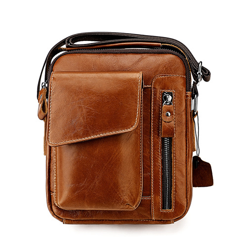 Factory Direct Sale Head-Layer Calfskin Men's Single Strap Crossbody Bag New Men's Bag Vertical Phone Bag Large Capacity Single Strap Bag