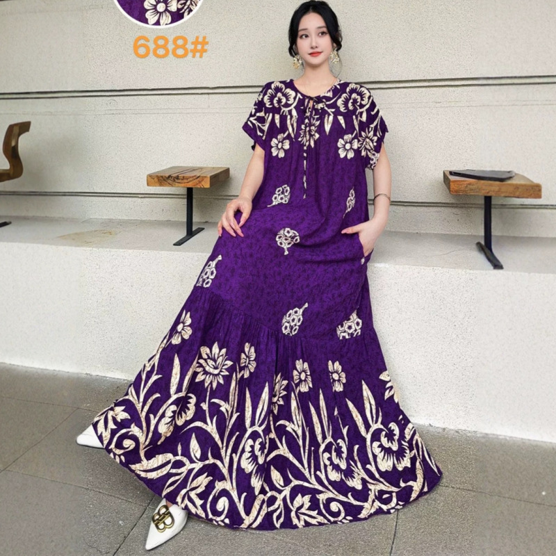 Summer New Style Artistic Plus-Size Printed Loose Ethnic Style Dress for Plus-Size Women, Short-Sleeved Round Neck Long Beach Dress