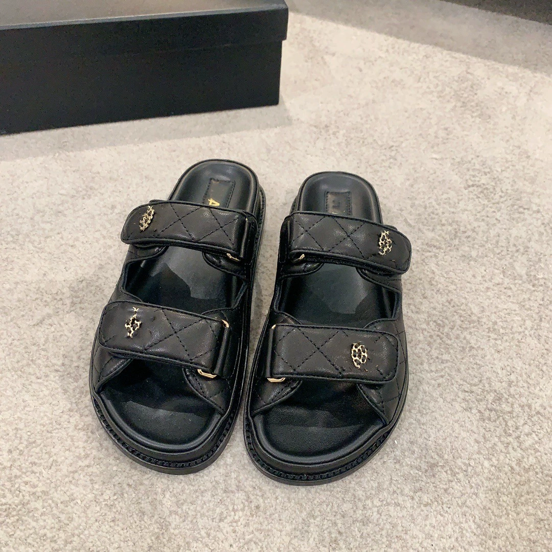 Летняя слайд/сандалия с липучкой, обувь для отдыха, стиль Chanel, год 2024, натуральная кожа