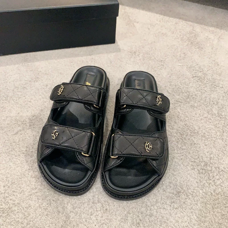 Летняя слайд/сандалия с липучкой, обувь для отдыха, стиль Chanel, год 2024, натуральная кожа