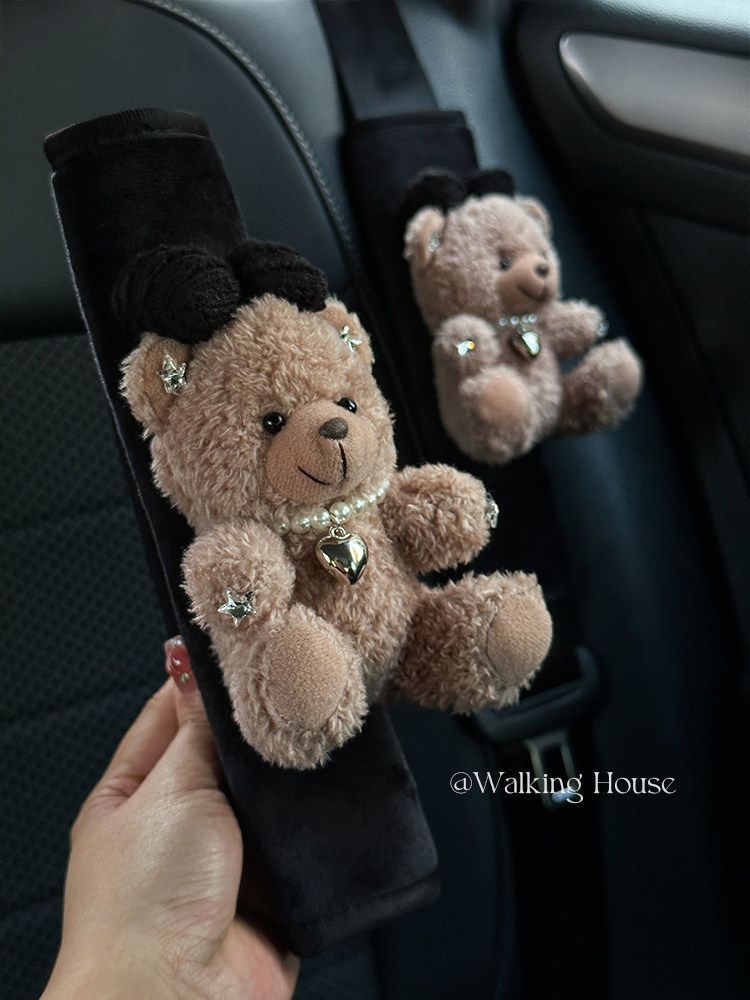 Car Seatbelt Decorative Shoulder Pads, Cute and High-End, Maillard Bear Plush Car Interior Decoration Gift
