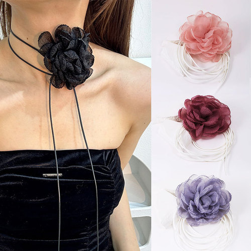 French elegant three-dimensional camellia necklace for women ins handmade fabric flowers pure desire sexy necklace cross-border wholesale