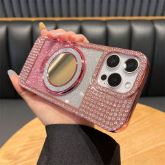 ダイヤモンド付きフォトフレームシェル、グラデーショングリッターペーパー+ミラー付きスタンド、iPhone16promax、Apple17対応スマホケース