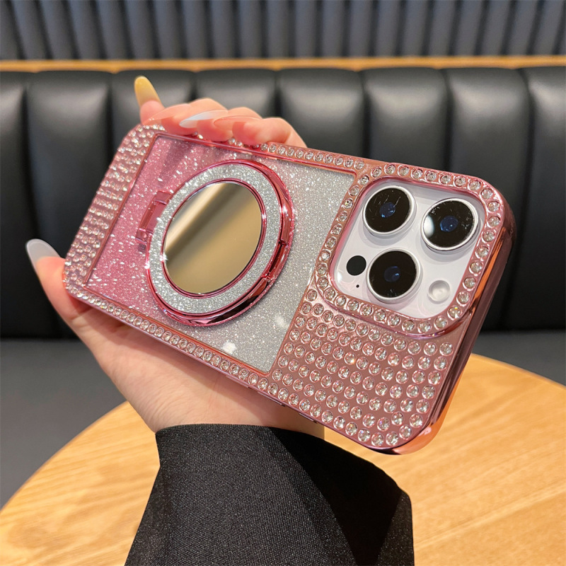 ダイヤモンド付きフォトフレームシェル、グラデーショングリッターペーパー+ミラー付きスタンド、iPhone16promax、Apple17対応スマホケース|undefined