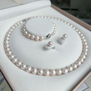 Zhuji Wholesale Freshwater Real Pearl Necklace Set for Women, Near Round, S925 Silver Clasp, Mother's Style Choker, Mid-Autumn Festival Gift